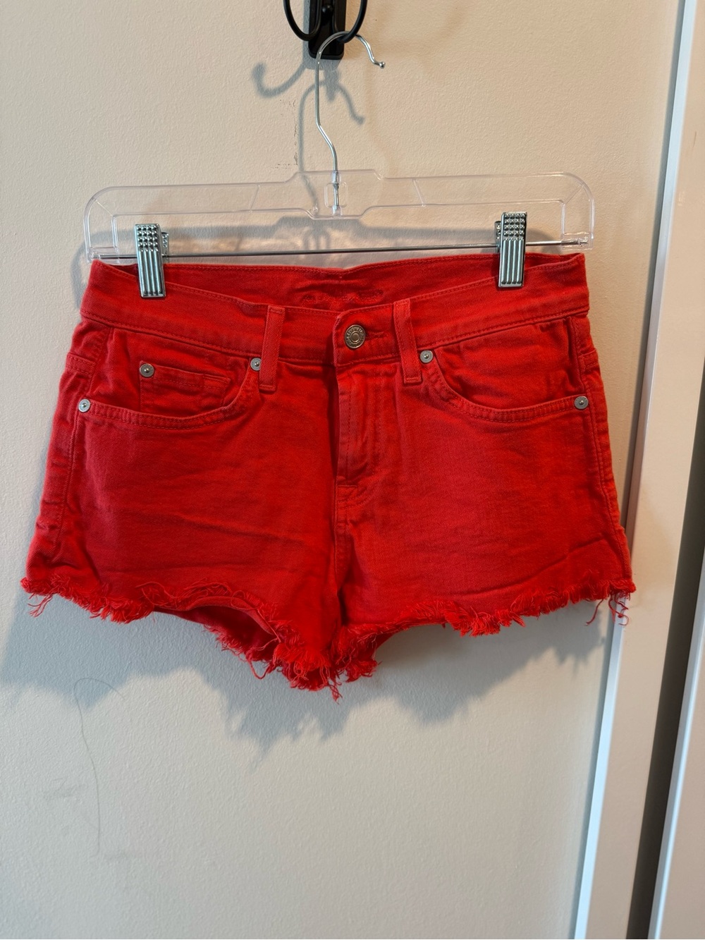 7 For All Mankind Red Frayed Hem Denim Shorts Size 25